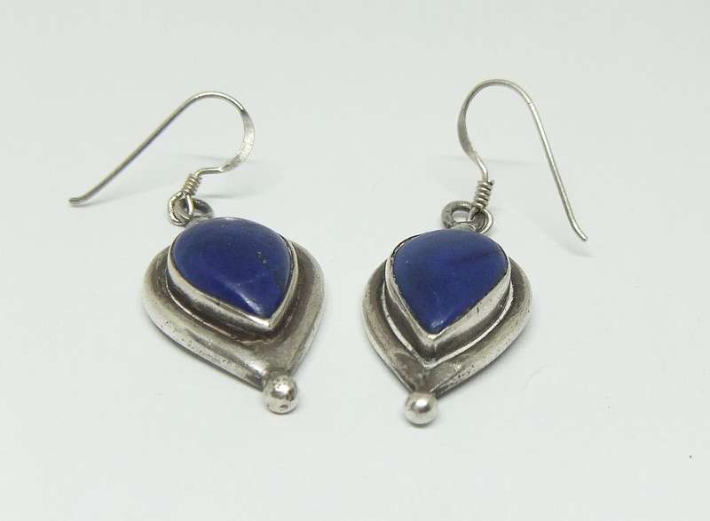 WOW !! A HEAVY QUALITY PAIR OF STERLING SILVER EARRINGS SET WITH CABOCHON LAPIS LAZULI STONES !!