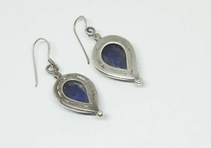 WOW !! A HEAVY QUALITY PAIR OF STERLING SILVER EARRINGS SET WITH CABOCHON LAPIS LAZULI STONES !!