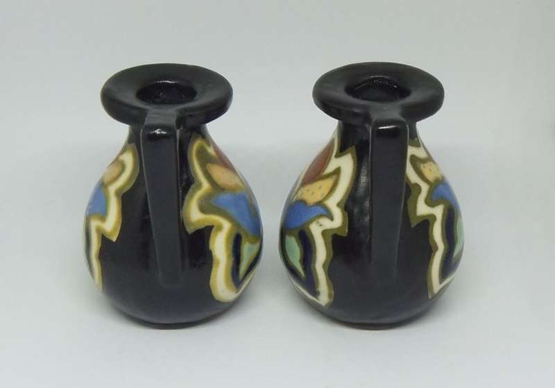 A VINTAGE PAIR OF GOUDA STYLE HAND PAINTED MINIATURE EWER ORNAMENTS