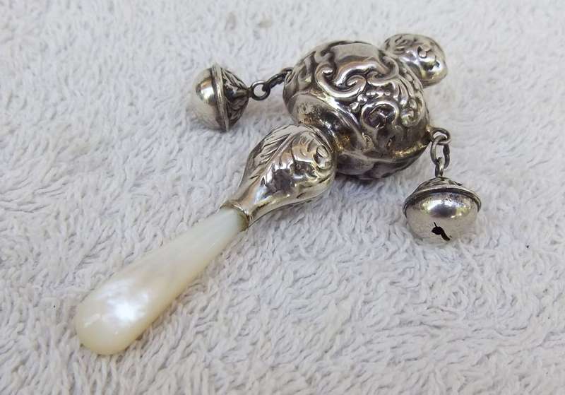 LOOK !! A STUNNING RARE OLD BABY RATTLE WITH BELLS AND MOTHER OF PEARL HANDLE !! WOW !!