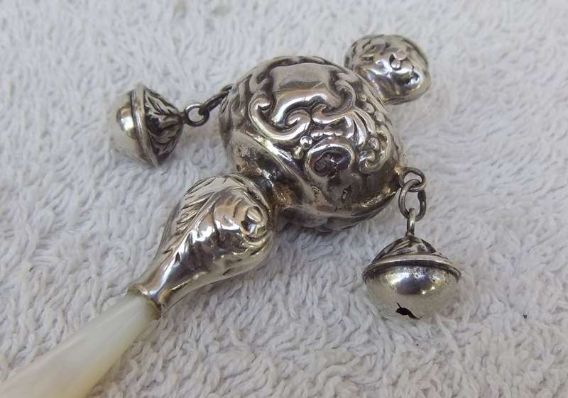 LOOK !! A STUNNING RARE OLD BABY RATTLE WITH BELLS AND MOTHER OF PEARL HANDLE !! WOW !!