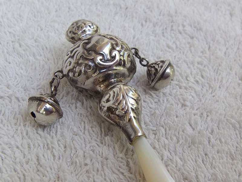 LOOK !! A STUNNING RARE OLD BABY RATTLE WITH BELLS AND MOTHER OF PEARL HANDLE !! WOW !!