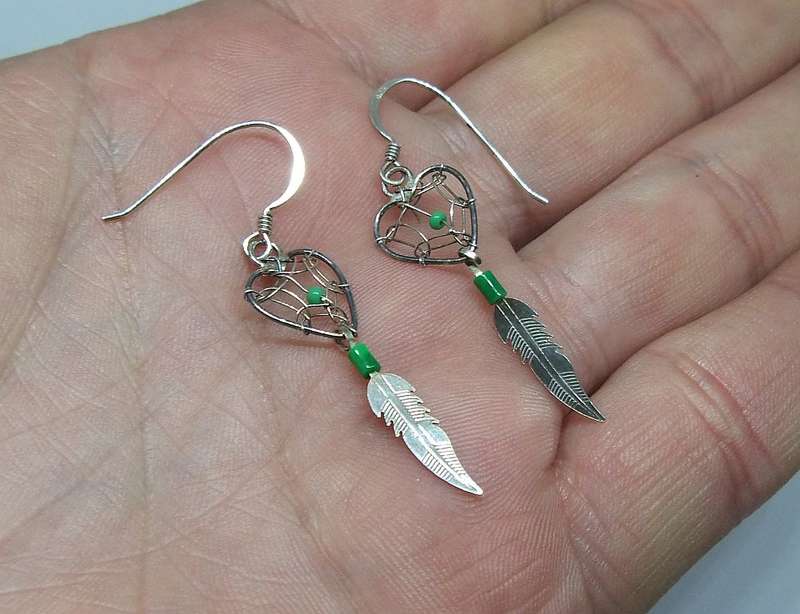 A RARELY SEEN DELICATELY MADE PAIR OF STERLING SILVER HEART SHAPED DREAM CATCHER EARRINGS !! WOW !!