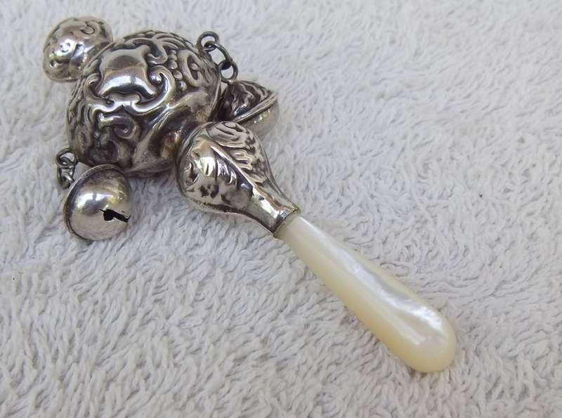 LOOK !! A STUNNING RARE OLD BABY RATTLE WITH BELLS AND MOTHER OF PEARL HANDLE !! WOW !!