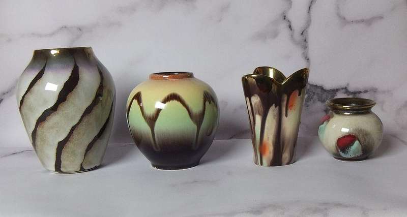 A STUNNING COLLECTION OF VINTAGE MID CENTURY LAVA GLAZE TYPE WEST GERMAN POTTERY VASES