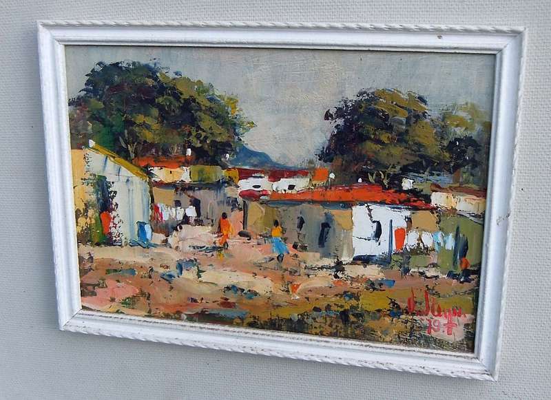 TWO VINTAGE ORIGINAL OIL ON BOARD PAINTINGS BY J STEYN DATED 1979 -RURAL VILLAGE- FOR THE PAIR