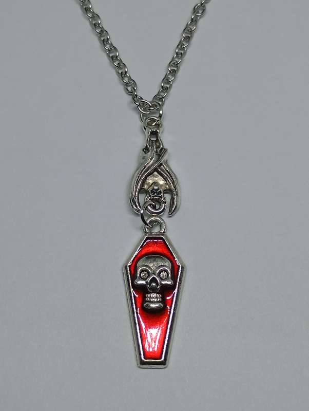 Gothic Vampire Bat with Red Coffin Pendant Necklace