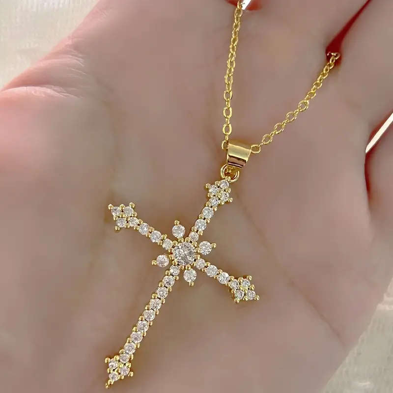 Ladies Elegant Sparkling Cross Necklace Pendant - Gold Color