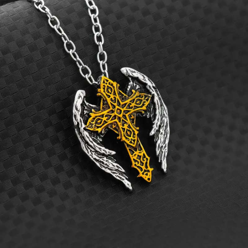 Gold Color Cross Pendant with Silver Color Angel Wings