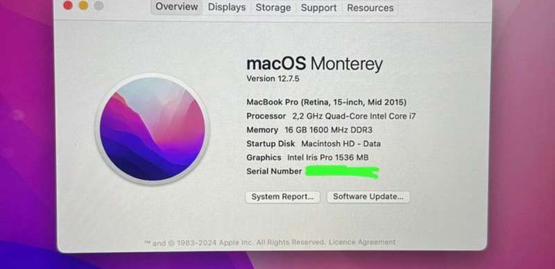 Apple MacBook Pro 15" Retina Mid 2015, Intel Core i7, 256gb SSD, 16gb Ram, 2.2GHz