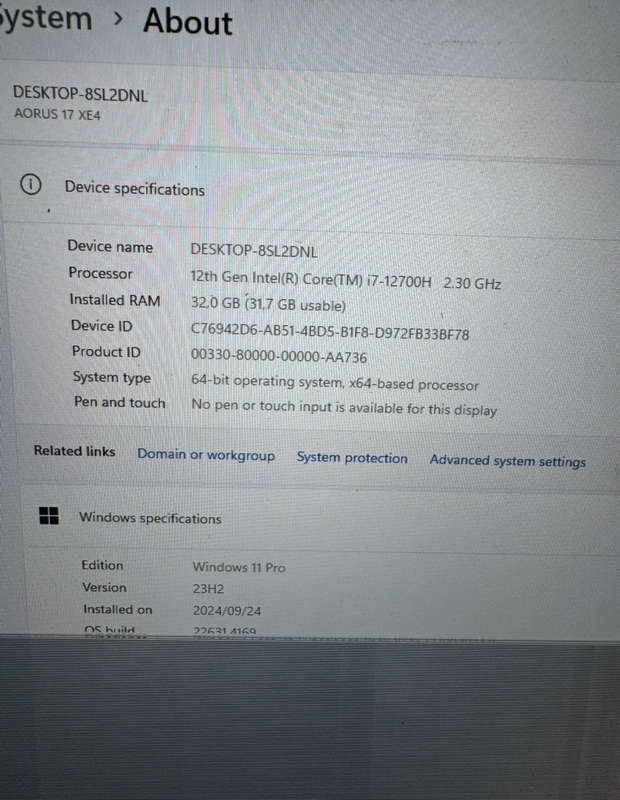Gigabyte AORUS XE4, RTX 3070Ti GPU, Core i7-12700H 4.70GHz, 17.3" Full HD360Hz, 32GB PLEASE READ!!!