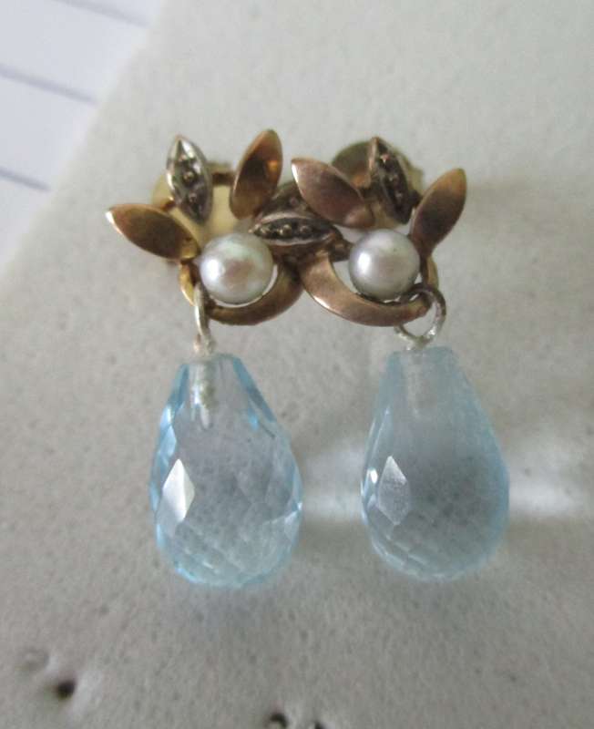 9ct. Gold Pearls and Briolett cut Blue Topaz Earrings
