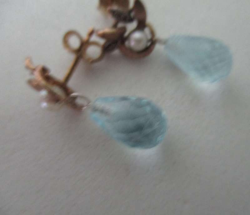 9ct. Gold Pearls and Briolett cut Blue Topaz Earrings