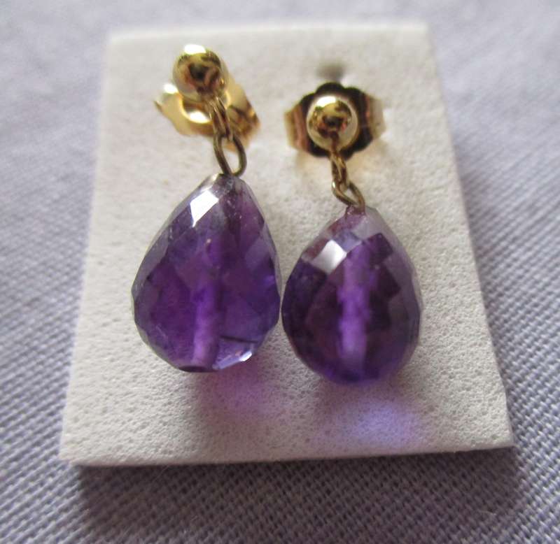 Genuine  Drop Amethyst and 9 ct Gold Earrings