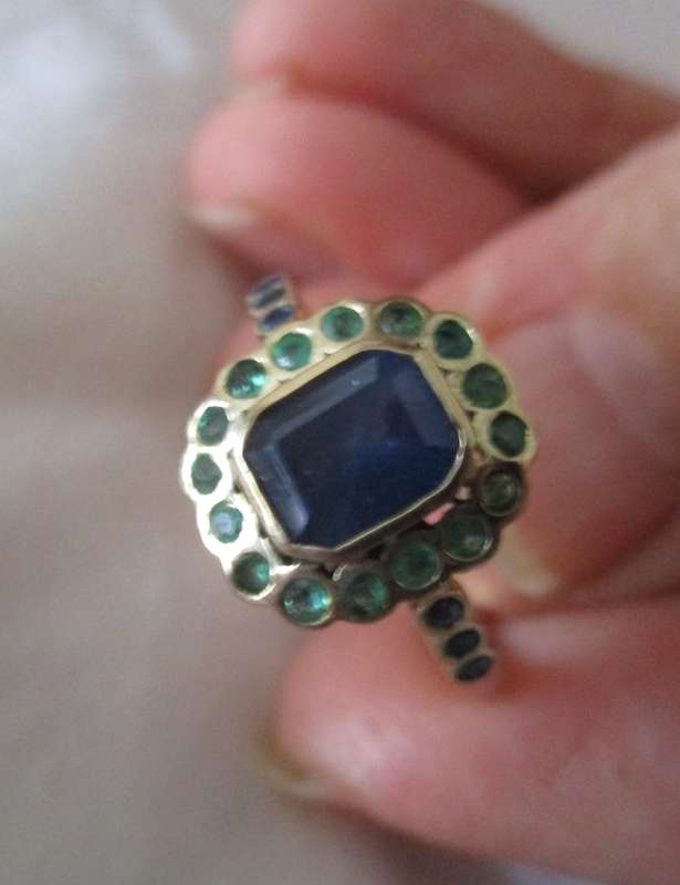 9ct Solid Yellow Gold , Genuine Emeralds  and Sapphires Ring