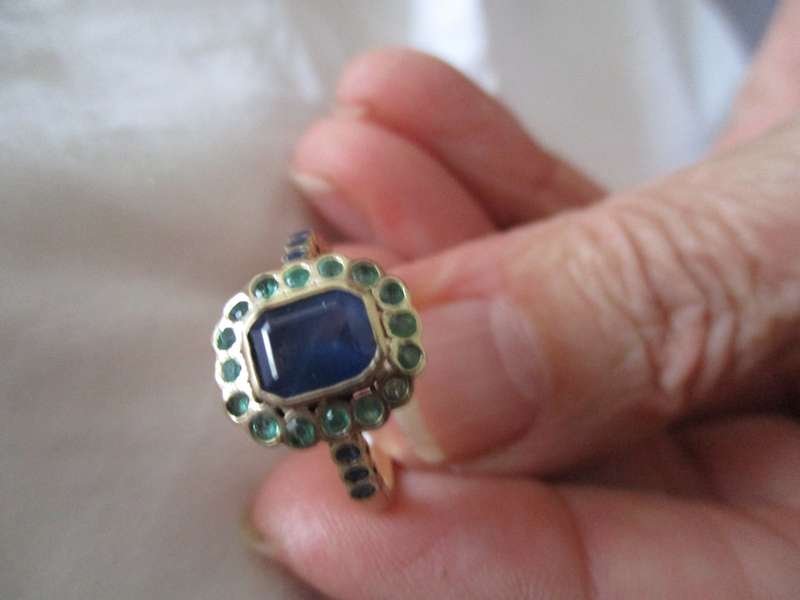 9ct Solid Yellow Gold , Genuine Emeralds  and Sapphires Ring