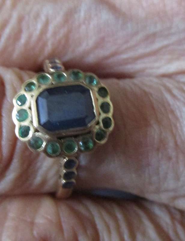 9ct Solid Yellow Gold , Genuine Emeralds  and Sapphires Ring