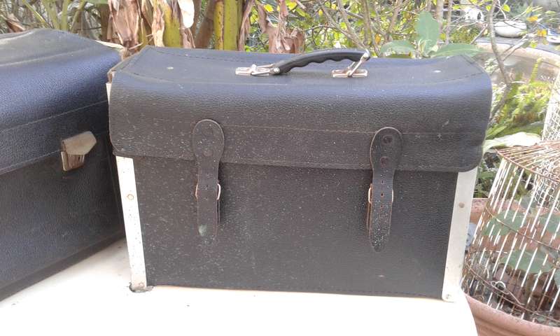Set Of 2 Large Vintage German Black Leather Tool Boxes 1950s