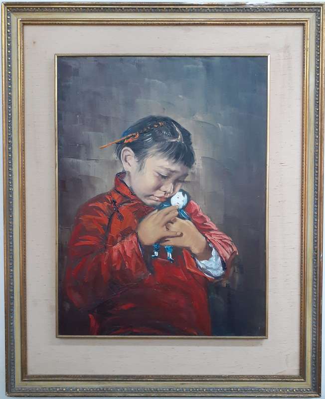 Beautiful Original Oil Painting by Chinese Artist S. Leung (c.1974) Young Girl in Red Dress