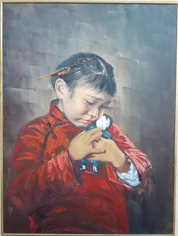 Beautiful Original Oil Painting by Chinese Artist S. Leung (c.1974) Young Girl in Red Dress