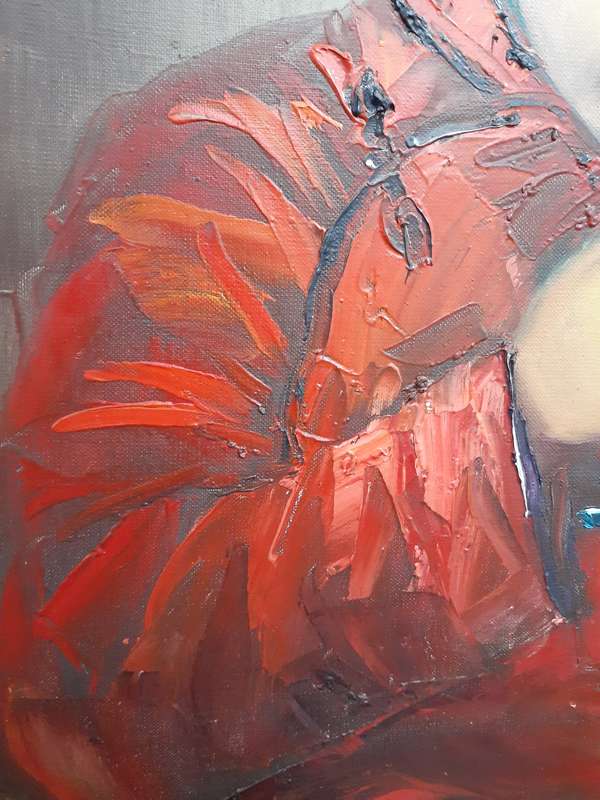 Beautiful Original Oil Painting by Chinese Artist S. Leung (c.1974) Young Girl in Red Dress