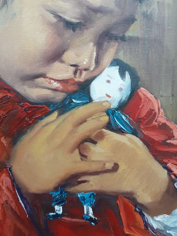 Beautiful Original Oil Painting by Chinese Artist S. Leung (c.1974) Young Girl in Red Dress