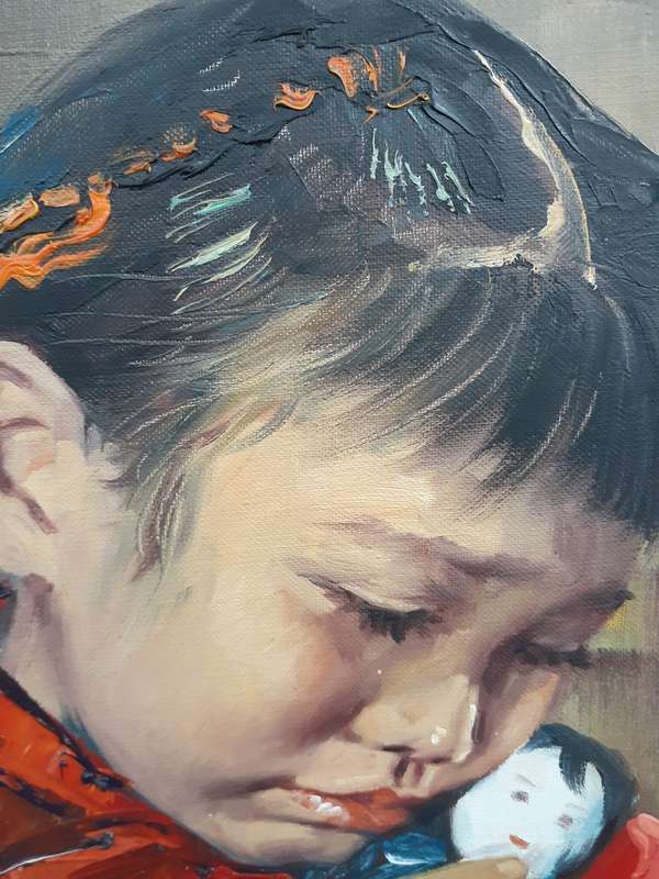 Beautiful Original Oil Painting by Chinese Artist S. Leung (c.1974) Young Girl in Red Dress