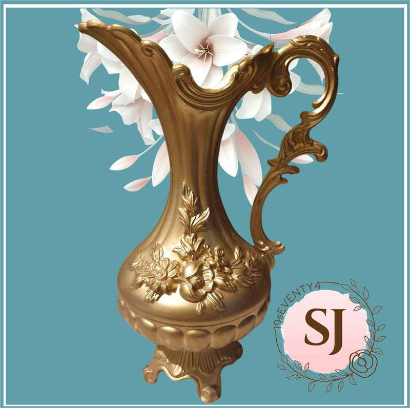 Italy Ornate metal  Vase Floral Pitcher | Footed Raised Flowers Vessel | 02