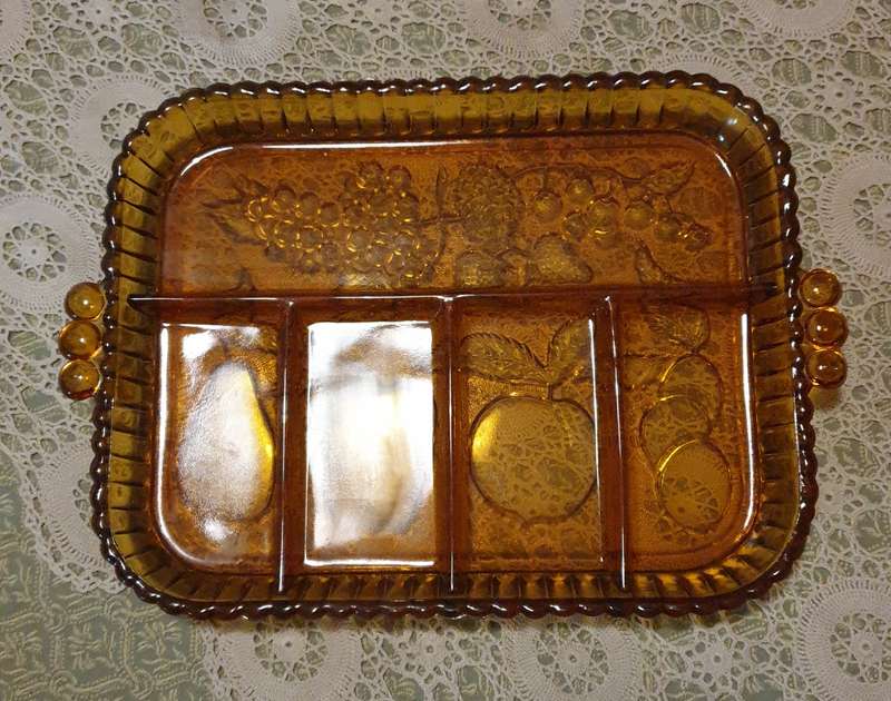 Vintage Indiana Amber Carnival Glass Relish / Platter Divided Tray, Fruit Pattern