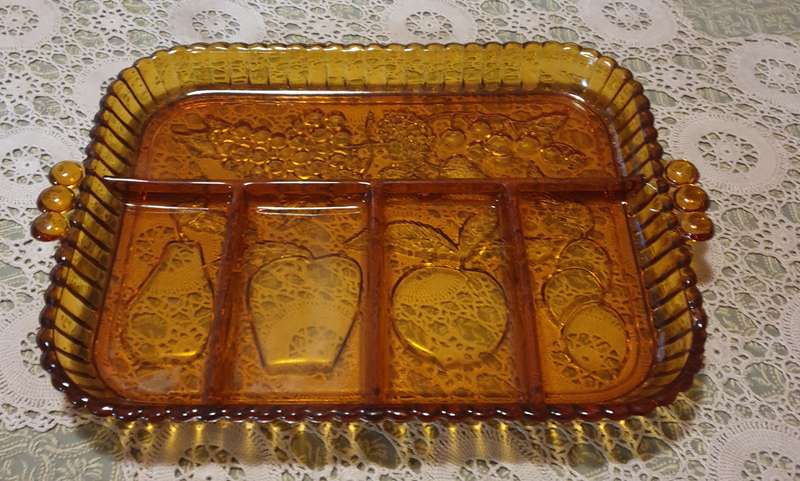 Vintage Indiana Amber Carnival Glass Relish / Platter Divided Tray, Fruit Pattern