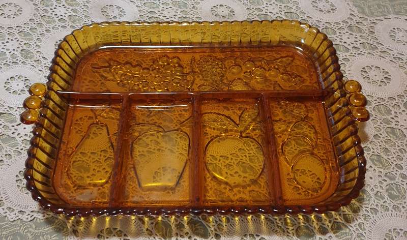 Vintage Indiana Amber Carnival Glass Relish / Platter Divided Tray, Fruit Pattern