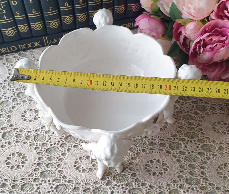 White Italian Continental blanc de Chine center bowl depicting four putti Cherubs + Small Vase