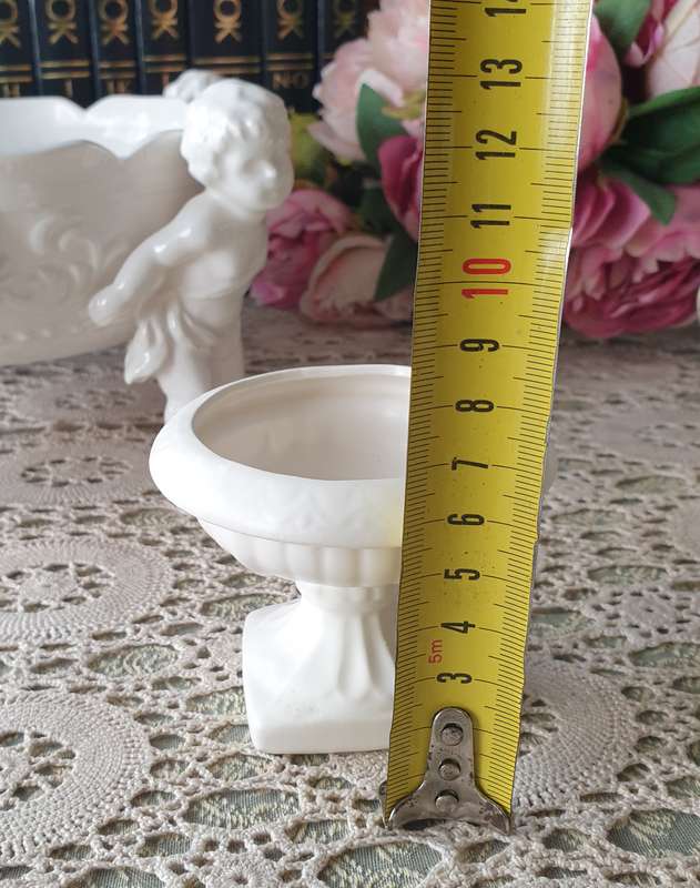 White Italian Continental blanc de Chine center bowl depicting four putti Cherubs + Small Vase