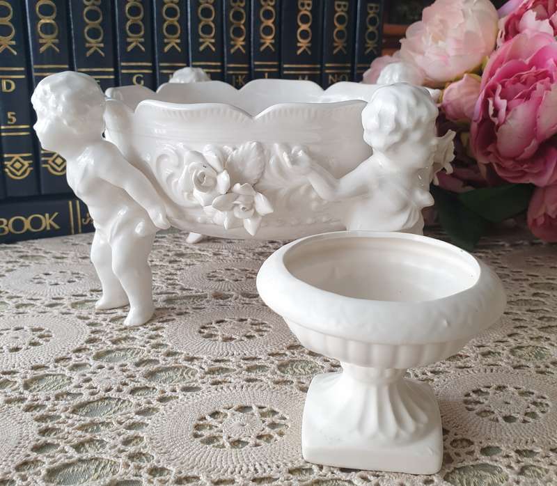 White Italian Continental blanc de Chine center bowl depicting four putti Cherubs + Small Vase