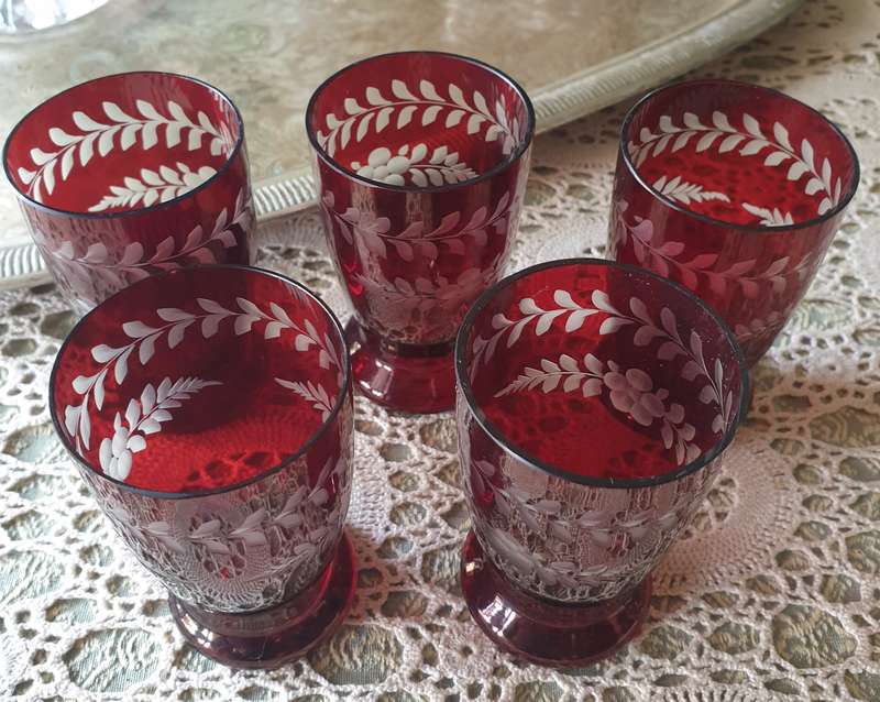Set Of 5 Bohemian Glass Ruby Red Glasses