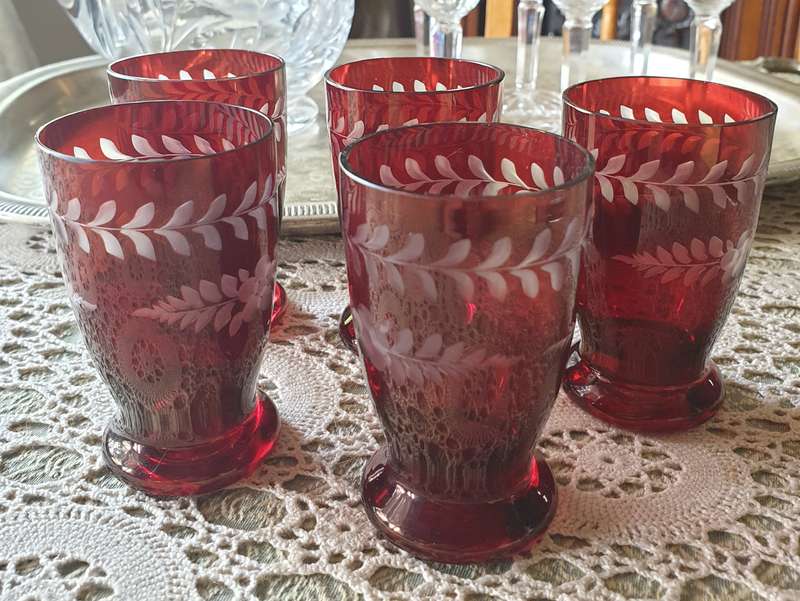 Set Of 5 Bohemian Glass Ruby Red Glasses