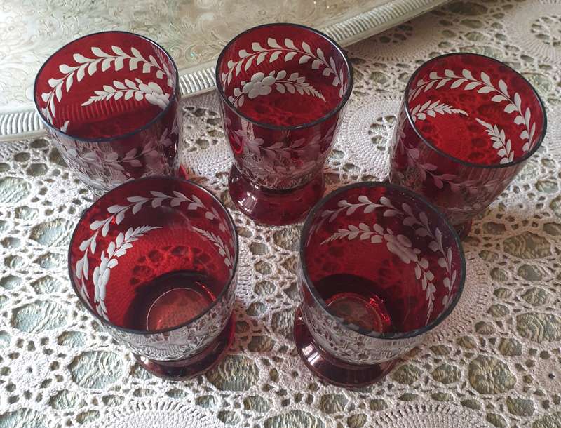Set Of 5 Bohemian Glass Ruby Red Glasses