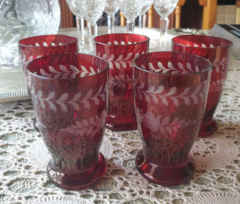 Set Of 5 Bohemian Glass Ruby Red Glasses