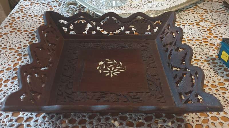 ORIGINAL VINTAGE 1970'S/80'S HAND CARVED FRUIT BOWL REAL WOOD WITH FLOWER INLAY