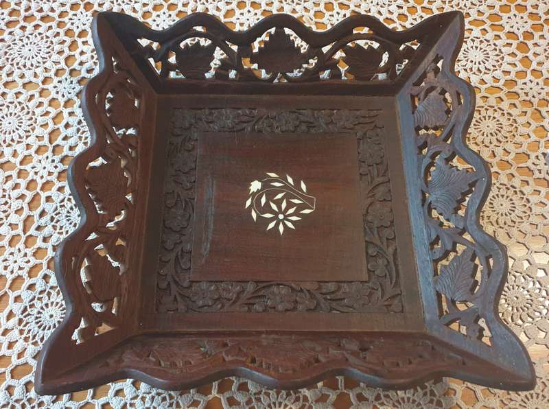 ORIGINAL VINTAGE 1970'S/80'S HAND CARVED FRUIT BOWL REAL WOOD WITH FLOWER INLAY