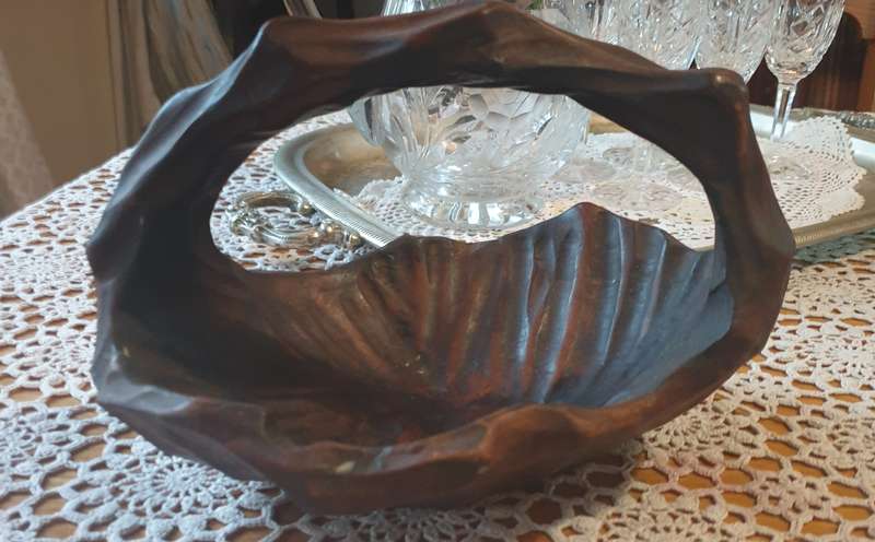 Gorgeous vintage wood basket bowl hand carved with handle folk art boho farmhouse style solid
