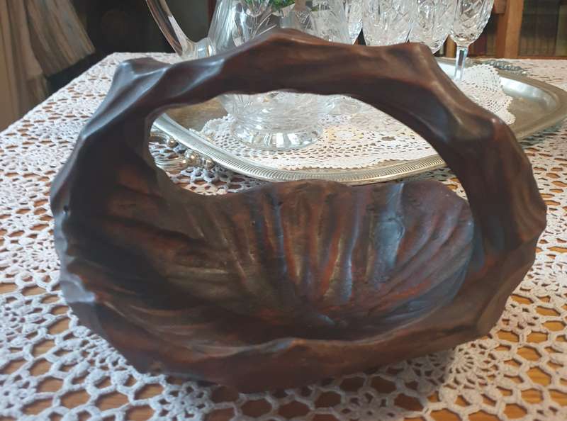 Gorgeous vintage wood basket bowl hand carved with handle folk art boho farmhouse style solid