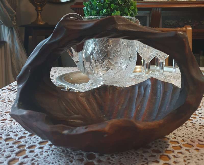 Gorgeous vintage wood basket bowl hand carved with handle folk art boho farmhouse style solid