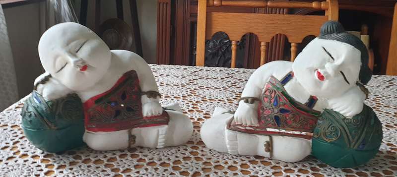 ORIENTAL  boy and girl wood carving art sculpture