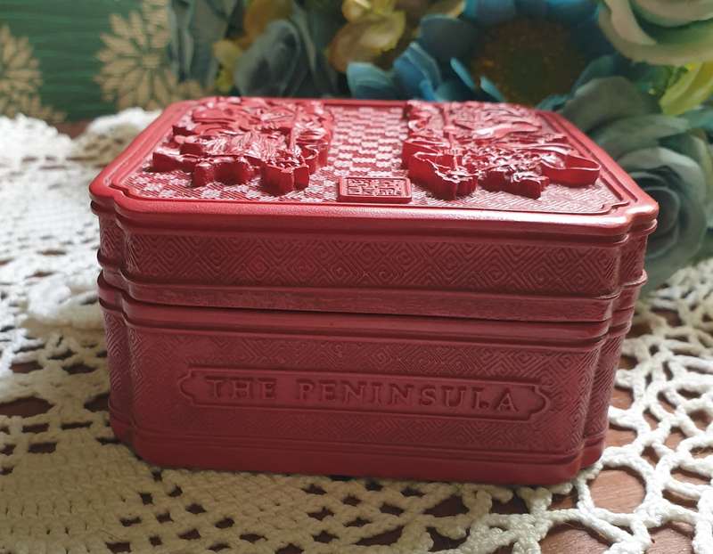 The Peninsula Hotel Hong Kong Carved Faux Cinnabar Asian Red Soap/Trinket Box