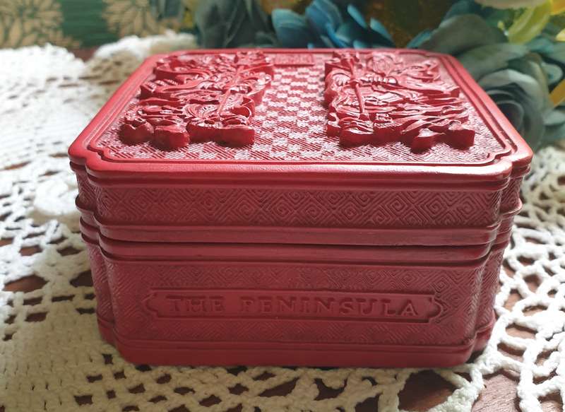 The Peninsula Hotel Hong Kong Carved Faux Cinnabar Asian Red Soap/Trinket Box