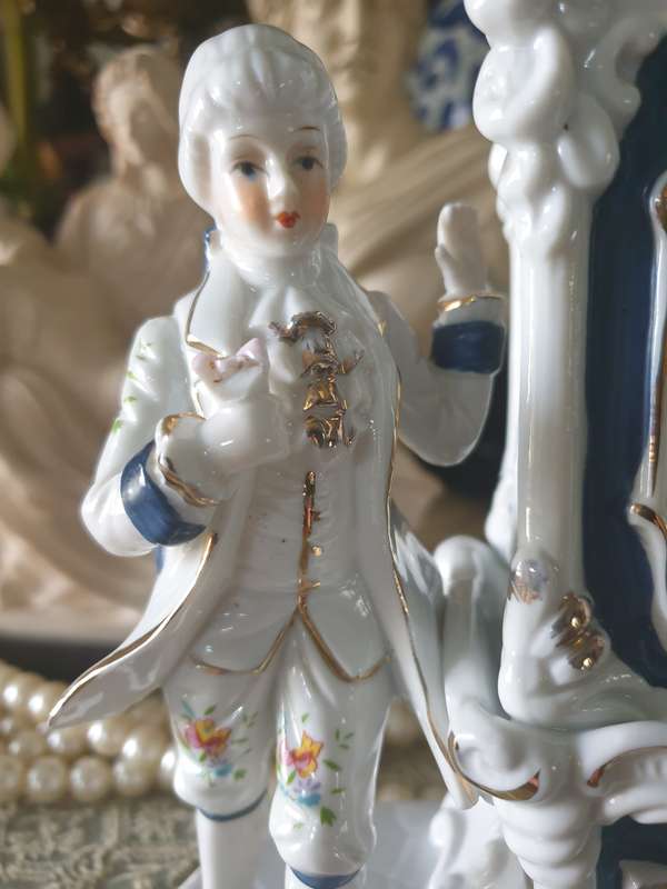 Porcelain Figure Man & Woman In  Blue White Gilded