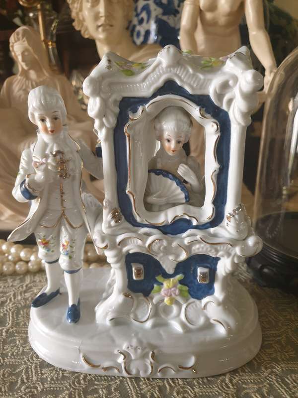 Porcelain Figure Man & Woman In  Blue White Gilded