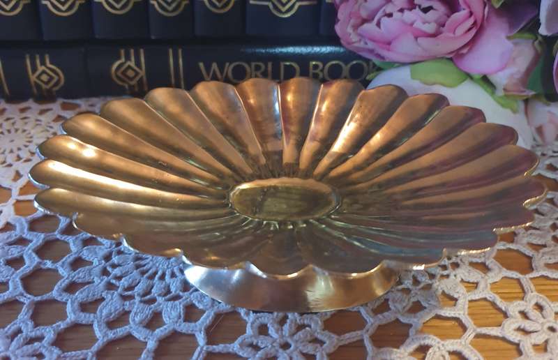 Brass Pedestal Bowl, Footed Trinket Dish, Scalloped Edge Jewelry Tray, Vintage Scallop Solid Brass B