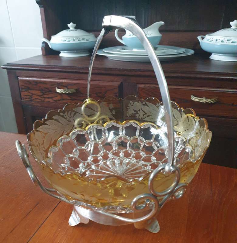 Vintage Cut Glass Honeycomb Thumbprint Serving Bowl  | EPNS BASKET |